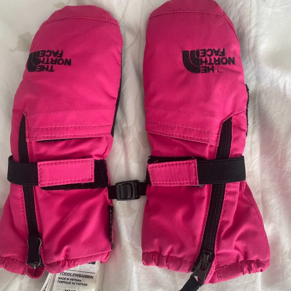 The North Face Kids Pink Insulated Mittens with Wrist Straps